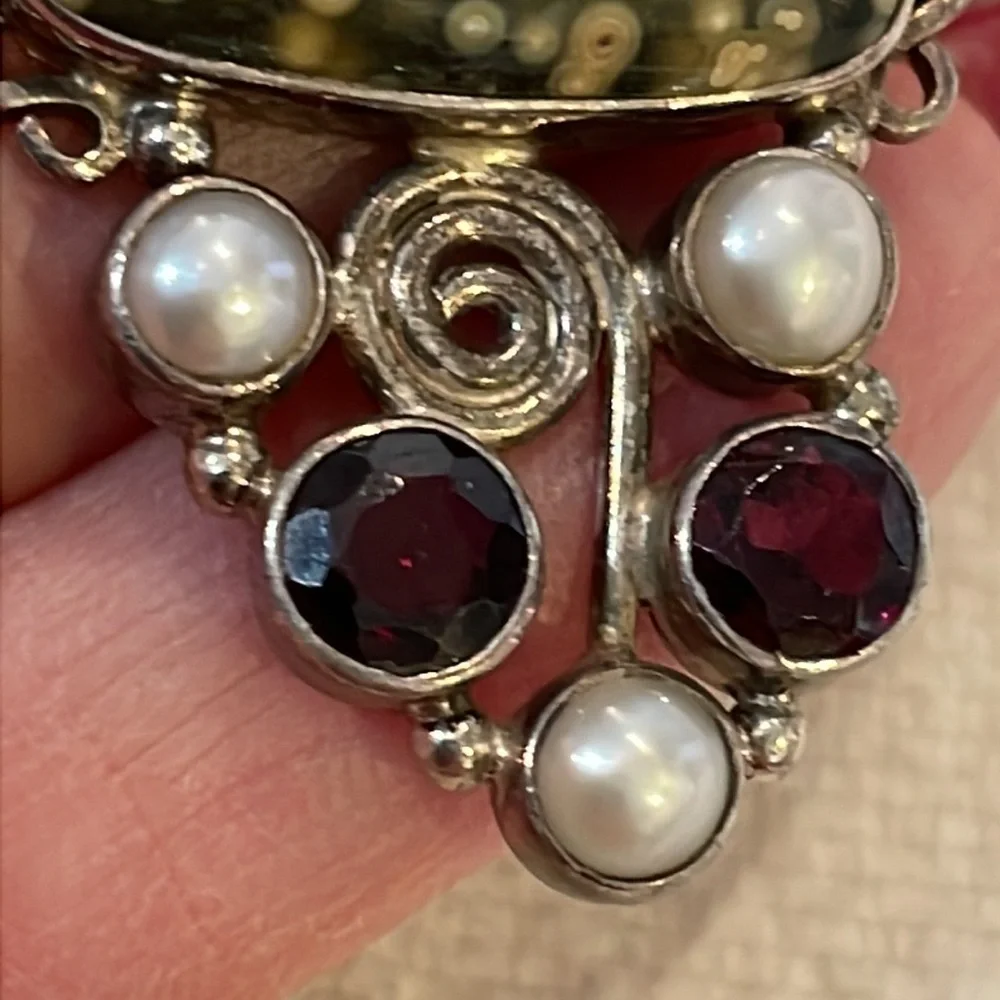Sterling silver real pearls natural stone Large pendant unique link chain